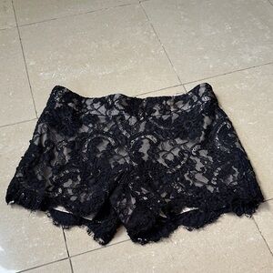 Alice + Olivia Black Floral Lace Shorts with Scalloped Hem